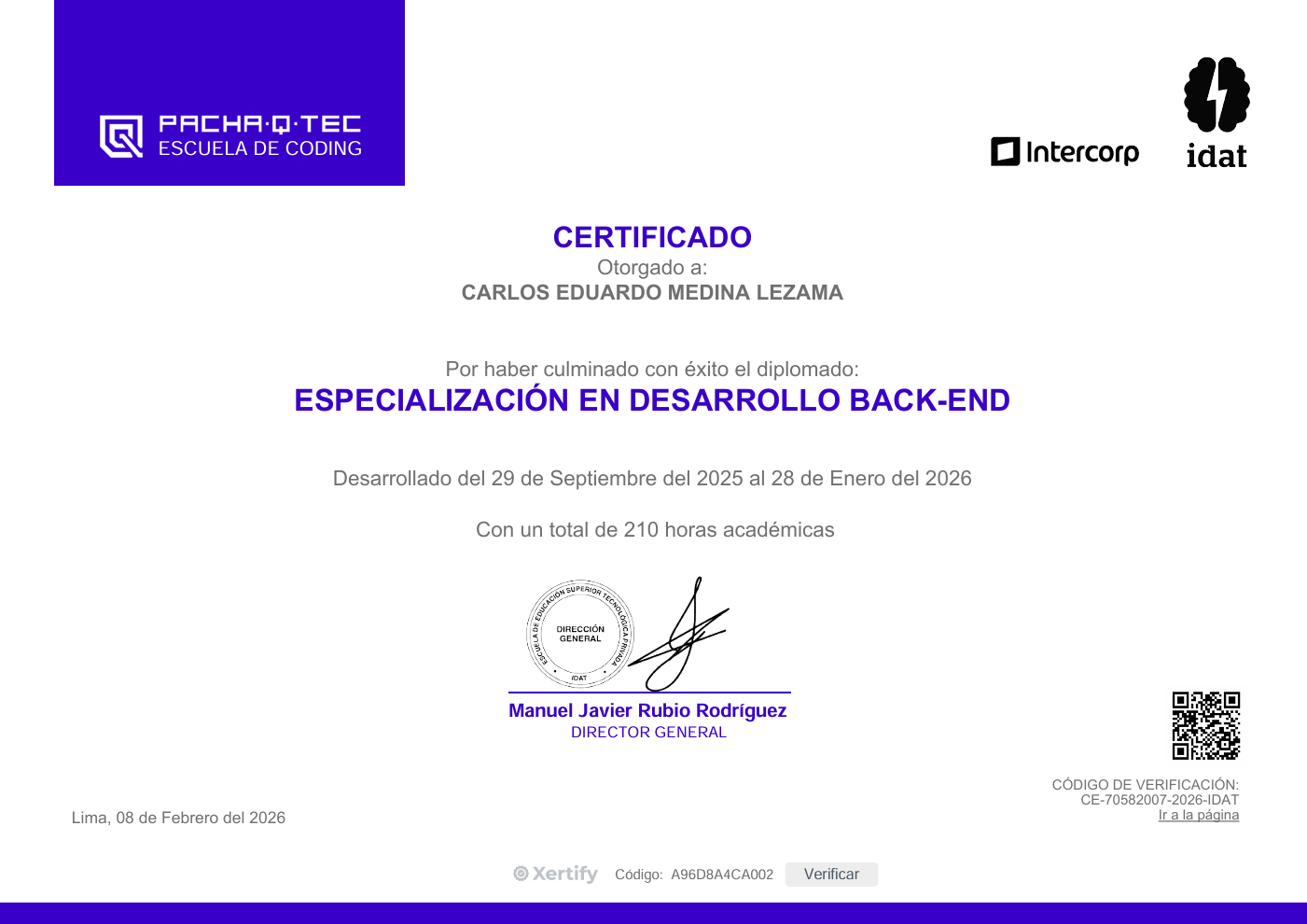 Especialización en Desarrollo Backend - IDAT - Carlos Eduardo Medina Lezama